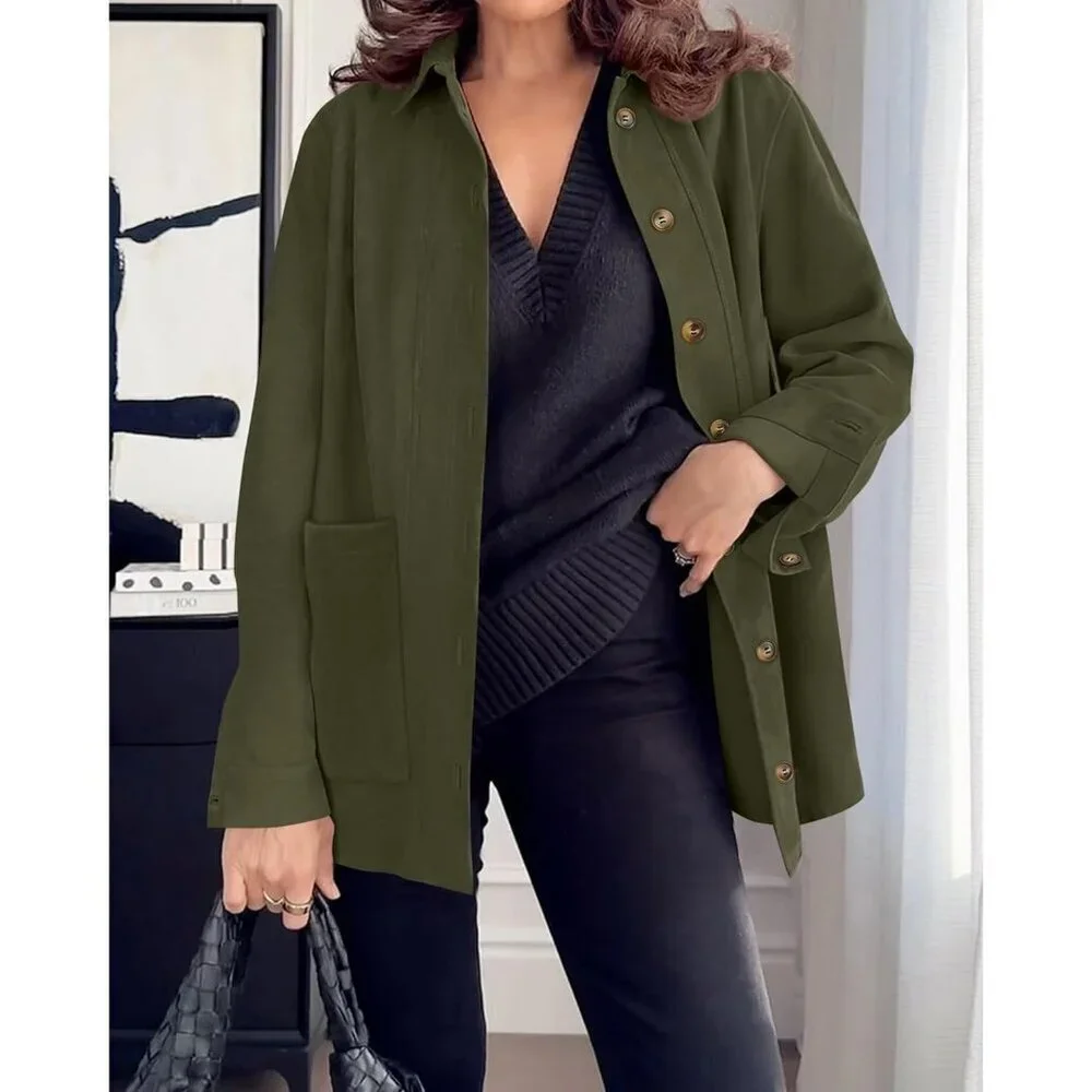 Women's Faux Leather Long Sleeve Green Button Down Jackets Coats Outerwear - Picture 5 of 6